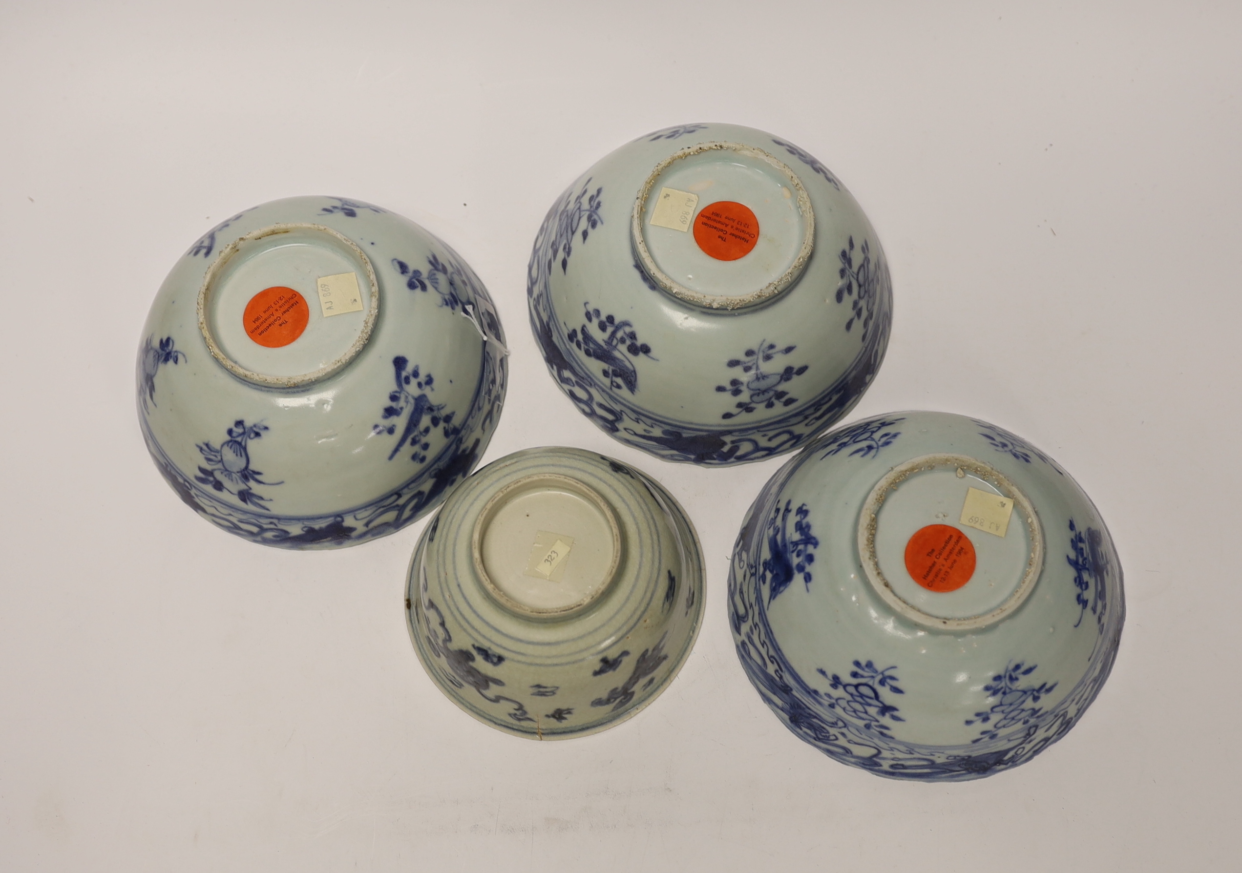 Four 16th/17th century Chinese Ming blue and white bowls, the three larger bowls from the Hatcher collection, Christie’s Amsterdam, 12–13 June 1984, largest 16cm in diameter